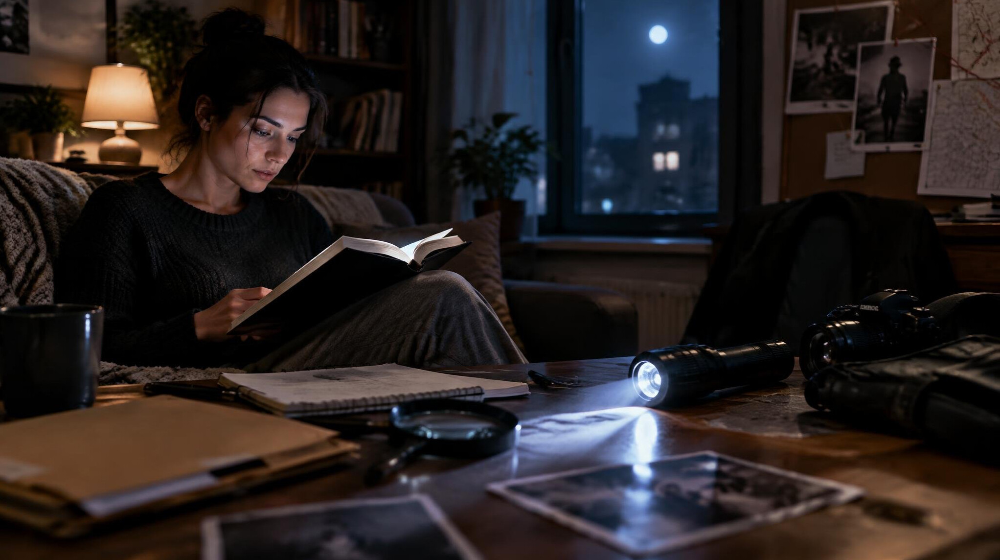 woman reading book at home