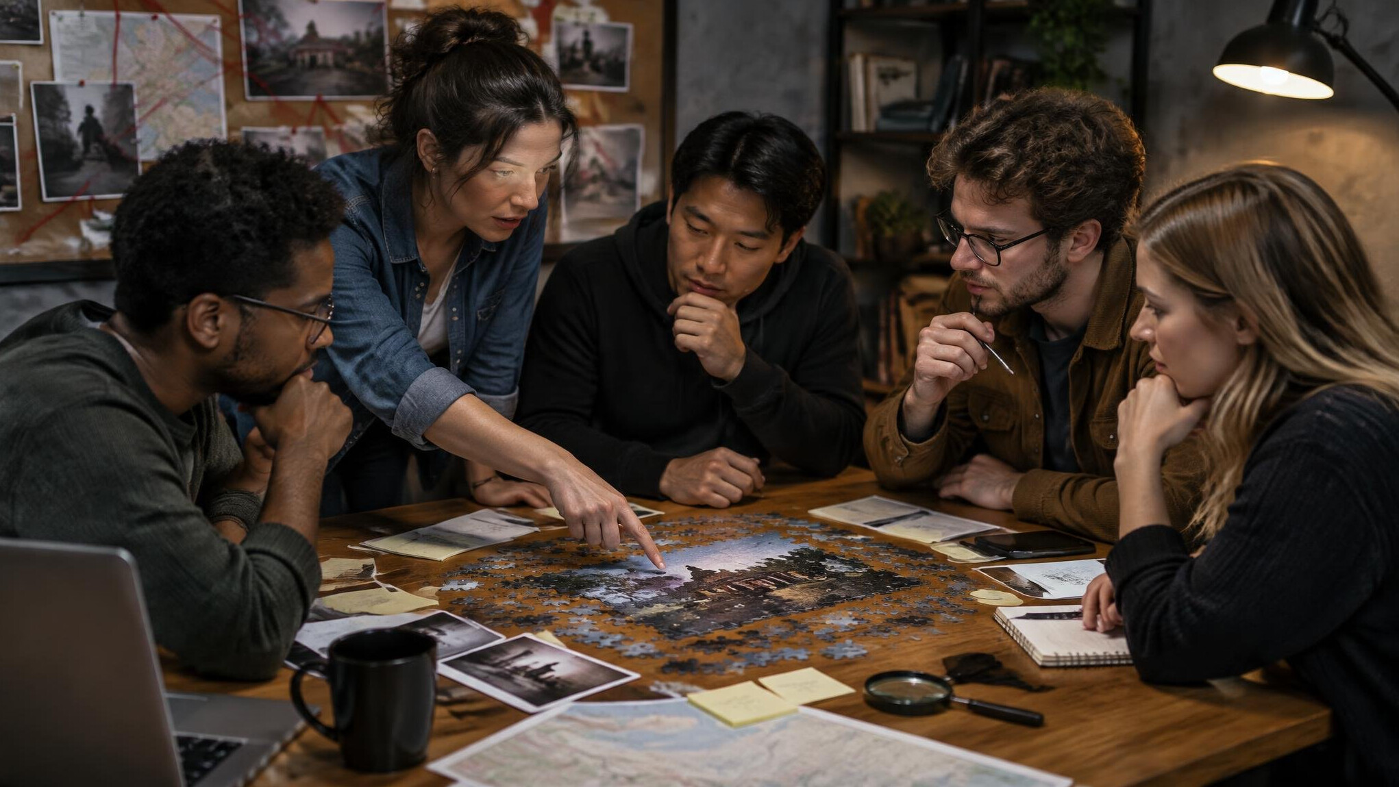 group of friends solving puzzle