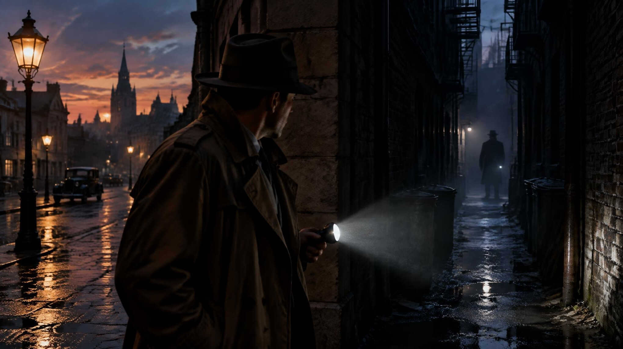 detective in trench coat at night
