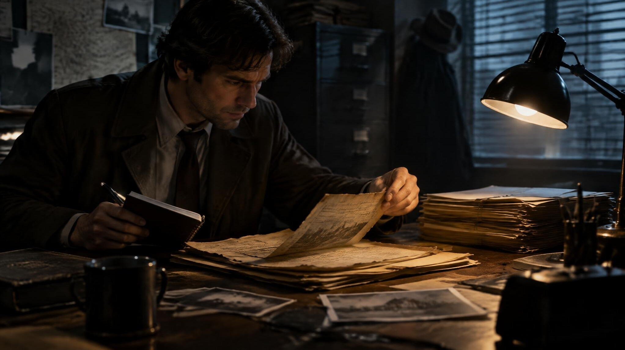 detective examining old documents
