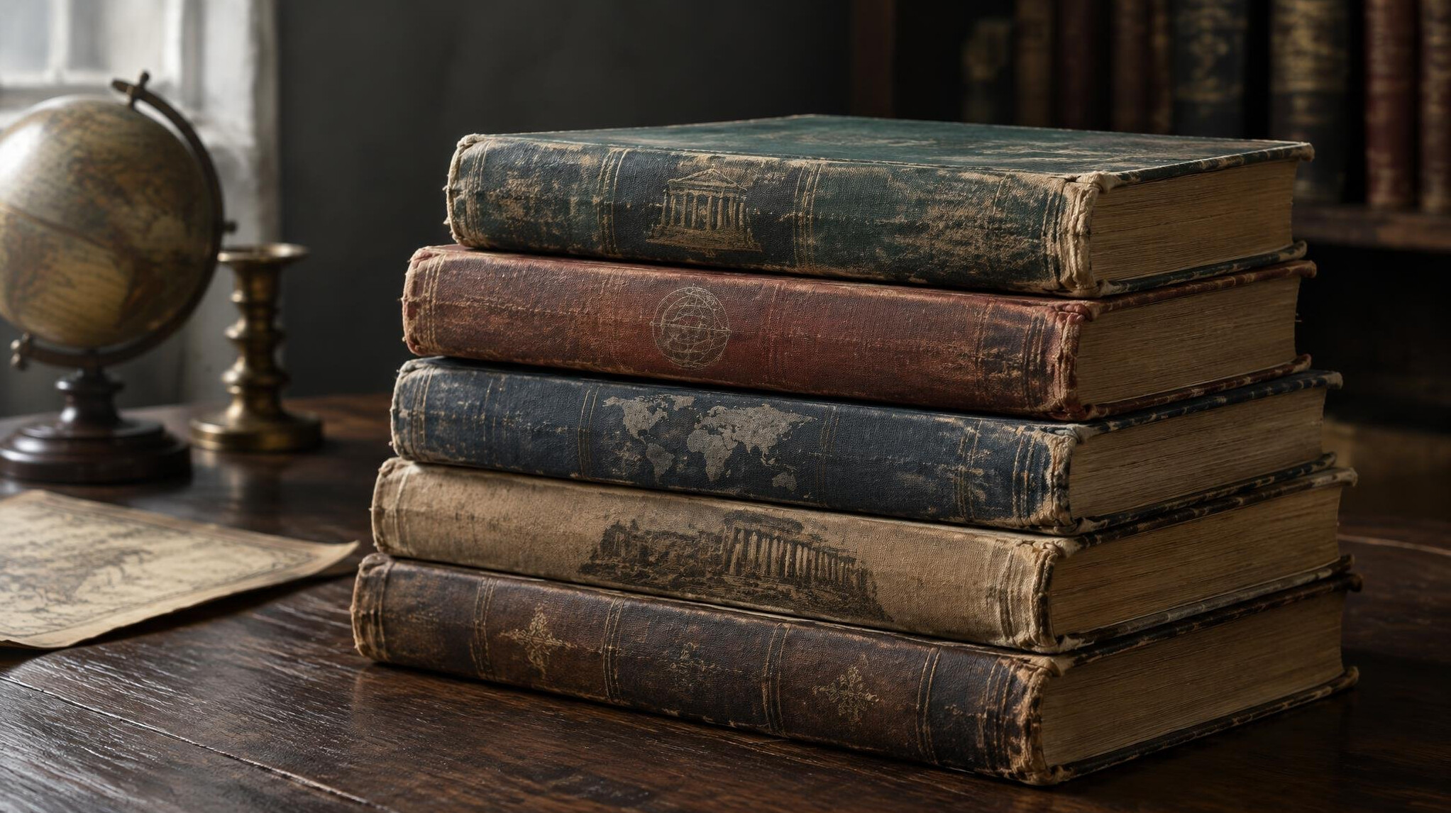 Stack of old books with worn covers on a table
