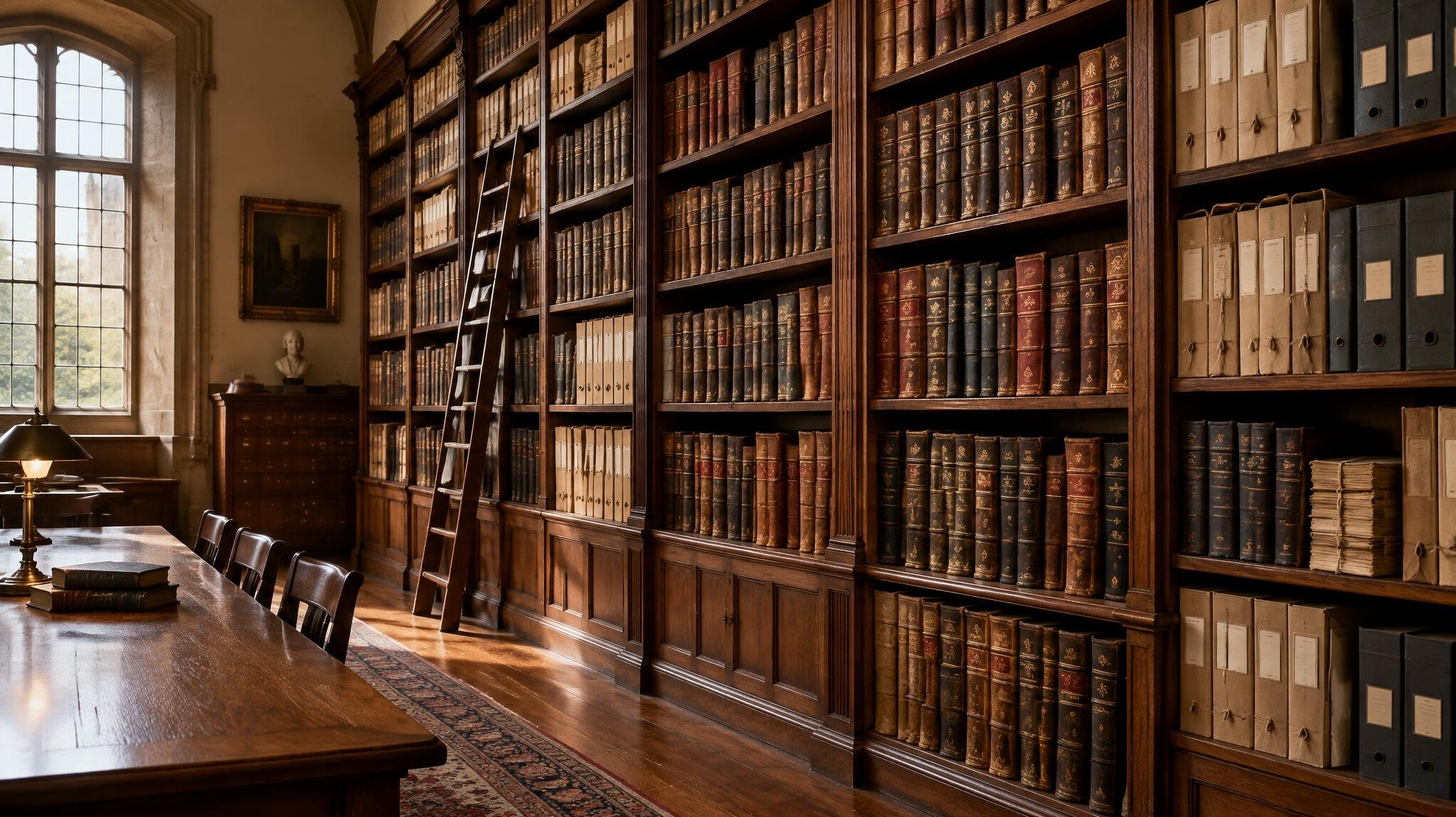 Tall archive shelves filled with old books and files