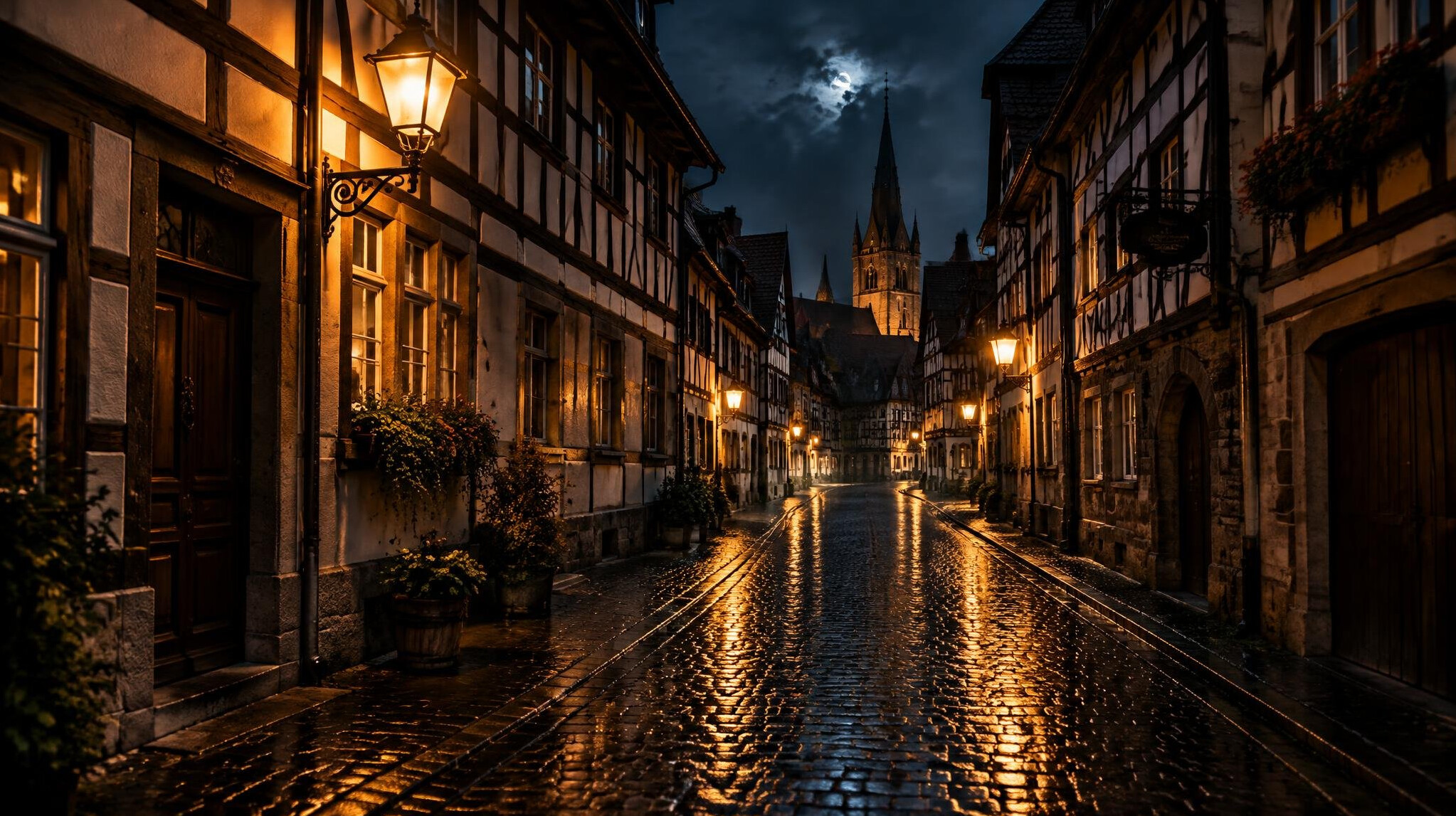 Rainy German old town street at night with warm lamps