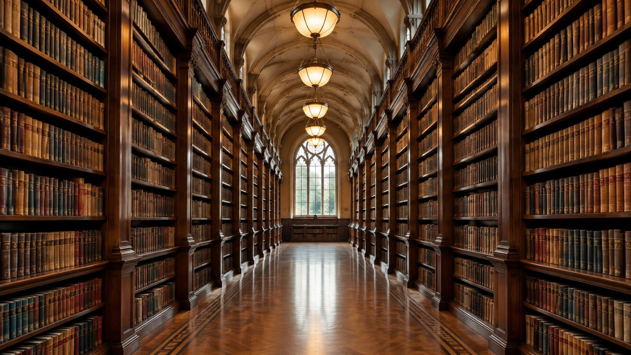 Long library aisle with bookshelves and warm lighting