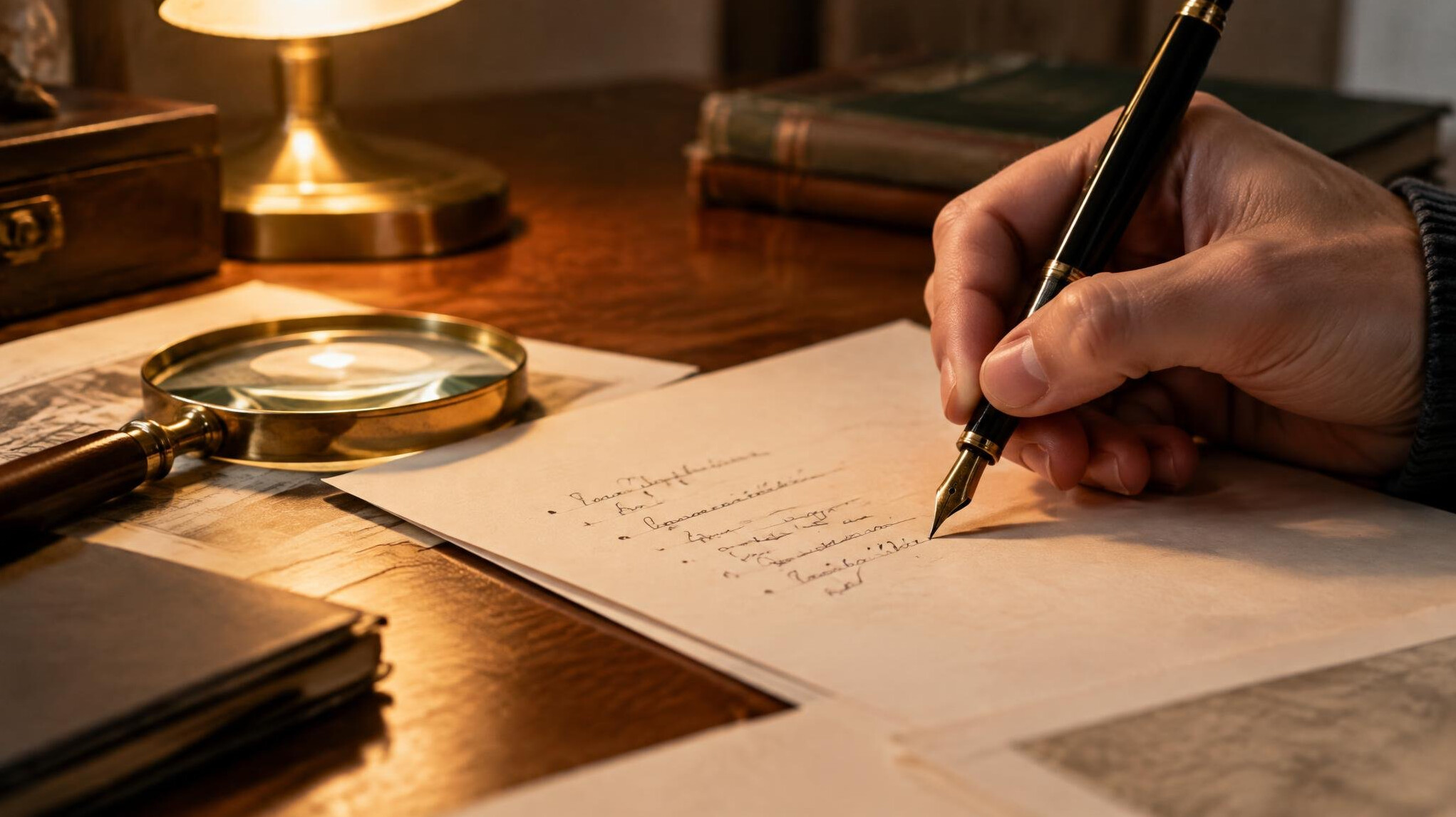 Hand writing notes on documents with a pen on a desk