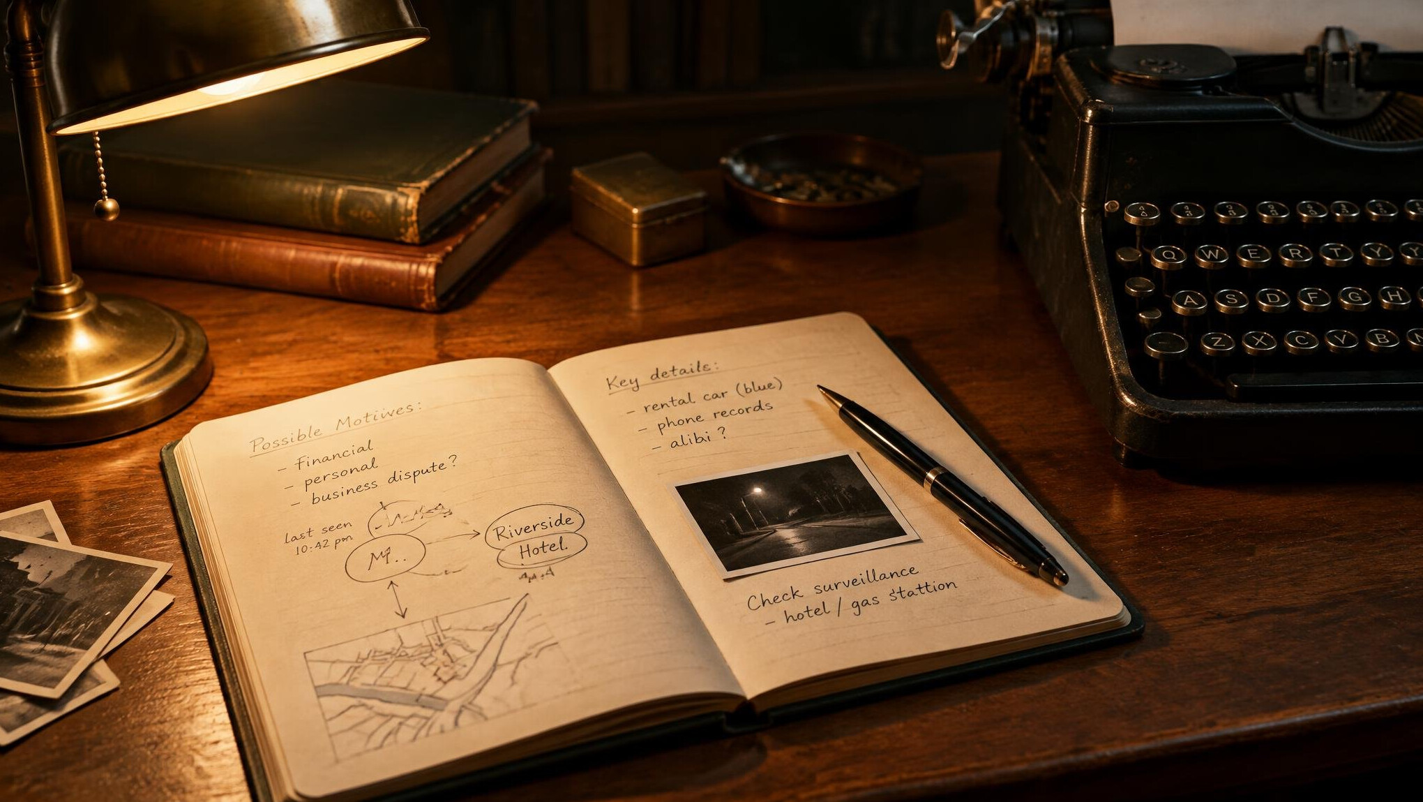Notebook with handwritten notes and pen on a wooden desk