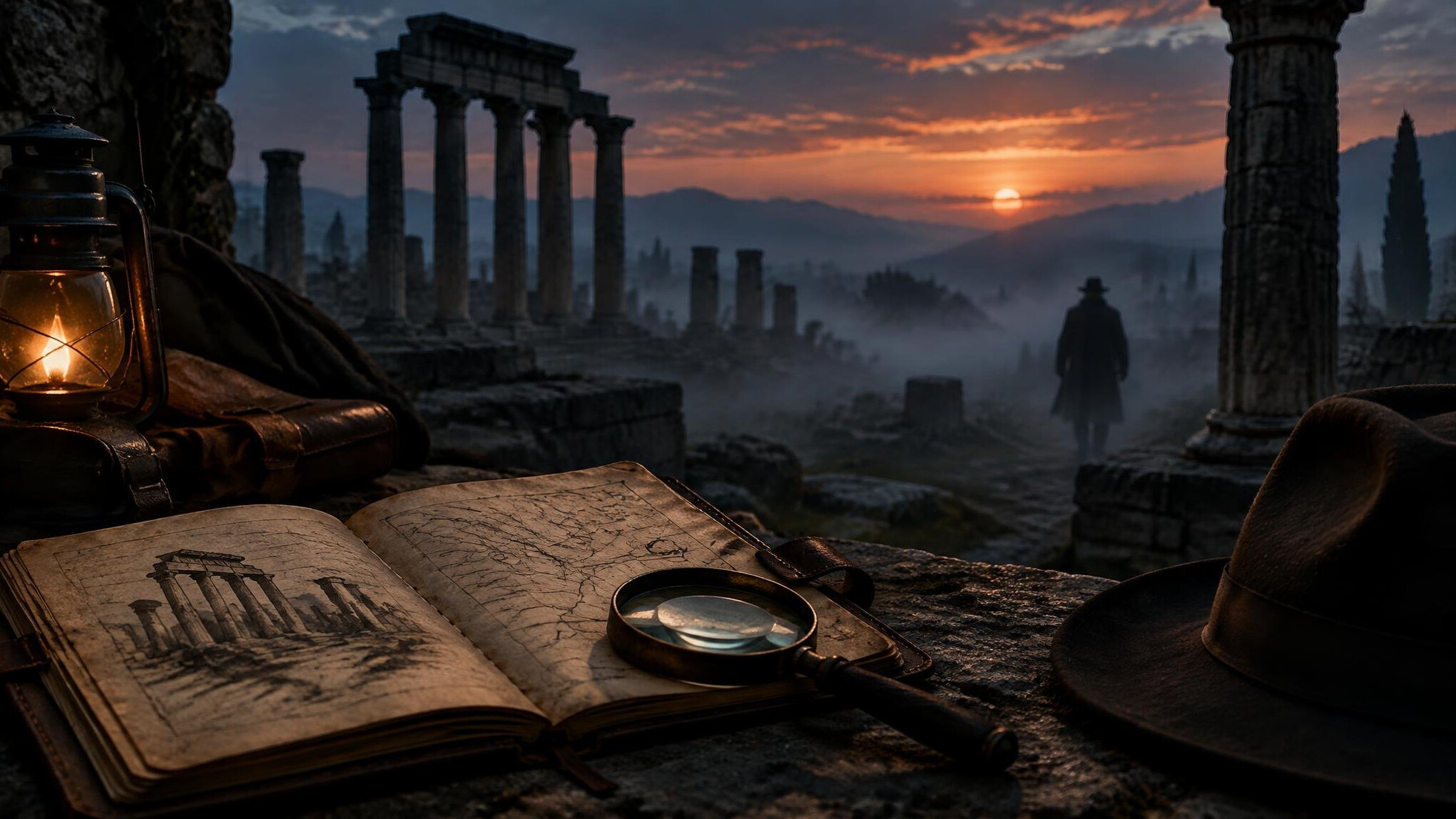 ancient ruins at dusk